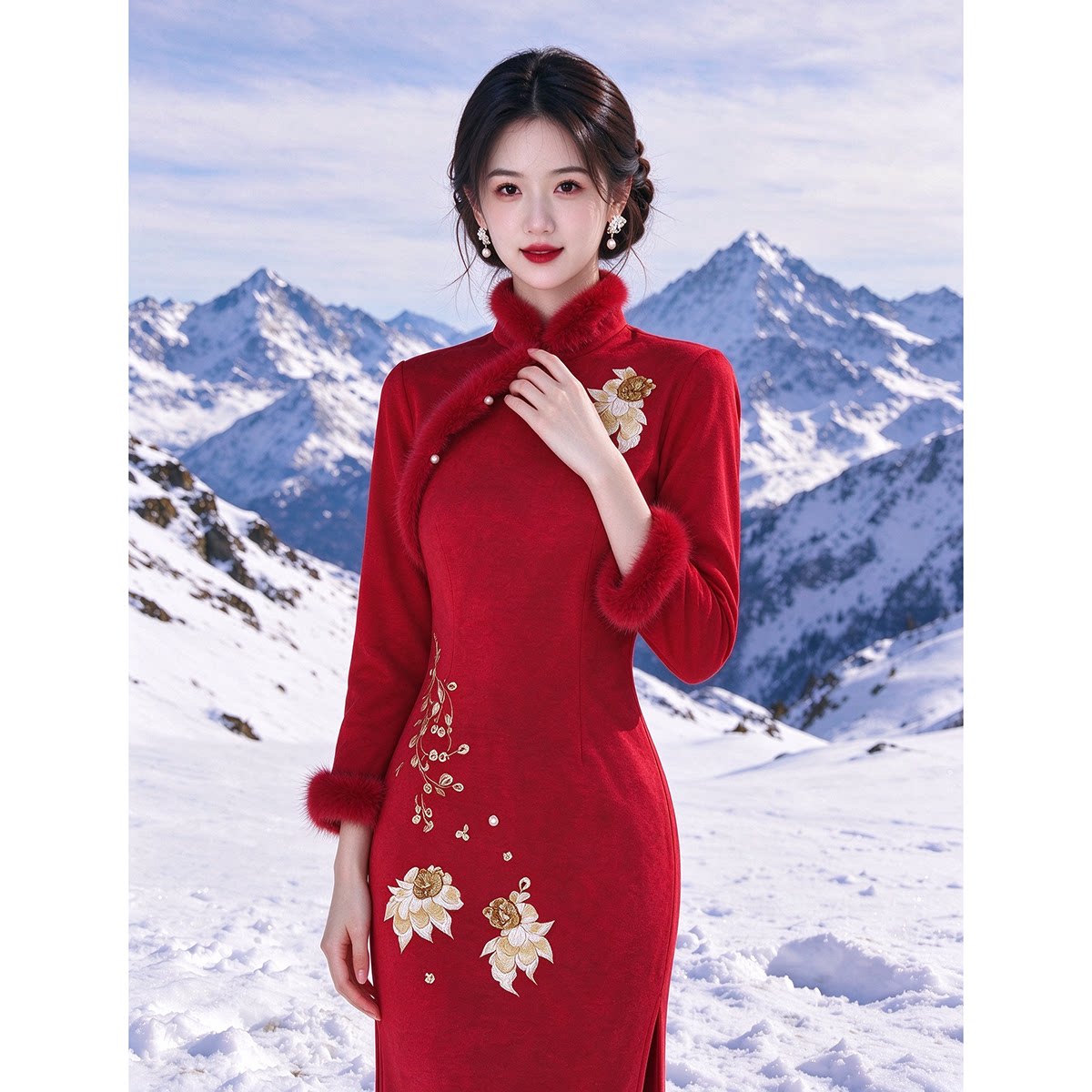 红色旗袍敬酒服新娘秋冬季长袖订婚礼服裙女加绒新年拜年服新中式