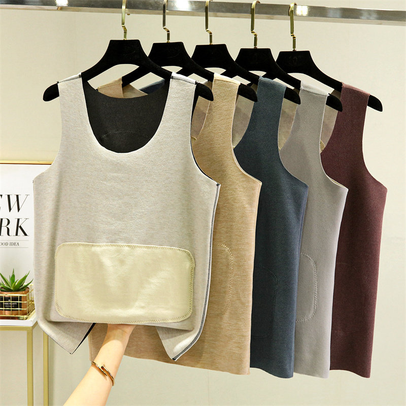 无痕保暖背心男士加绒加厚秋冬季内穿德绒发热纯色无袖t恤打底衫