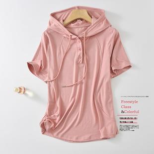 体恤 短袖 T恤女夏季 连帽宽松纽扣上衣百搭洋气打底衫 简约纯色半袖