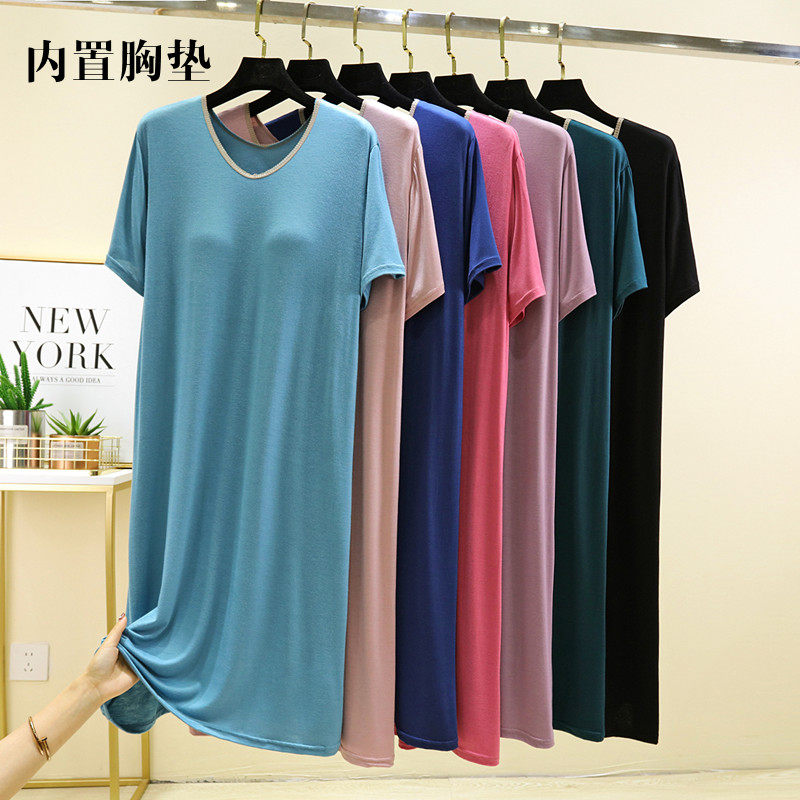 带胸垫宽松短袖v领睡裙女夏季一体式家居服薄款睡衣可外穿连衣裙