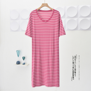 家居服睡裙宽松大码 莫代尔条纹连衣裙女短袖 睡衣百搭长裙 薄款 夏季