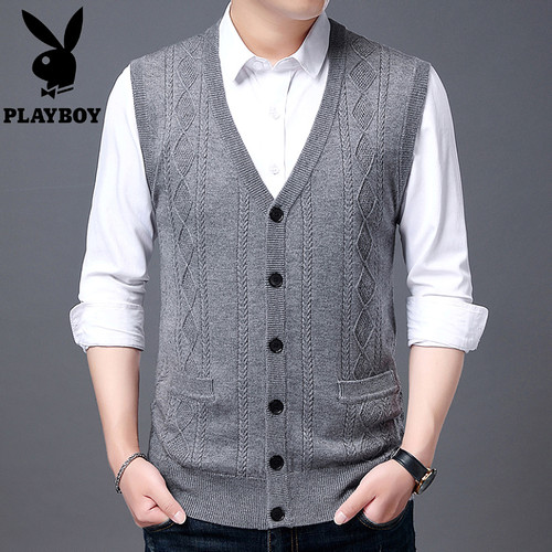 花花公子春秋薄款羊毛开衫背心男中老年无袖V领针织坎肩爸爸毛衣