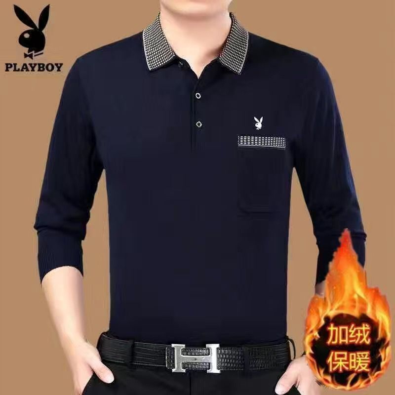 花花公子加绒加厚翻领保暖内衣男单件上衣可外穿爸爸装打底针织衫