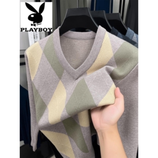 2025打底衫 毛衣秋冬季 V领中年爸爸线衣 男士 花花公子鸡心领针织衫