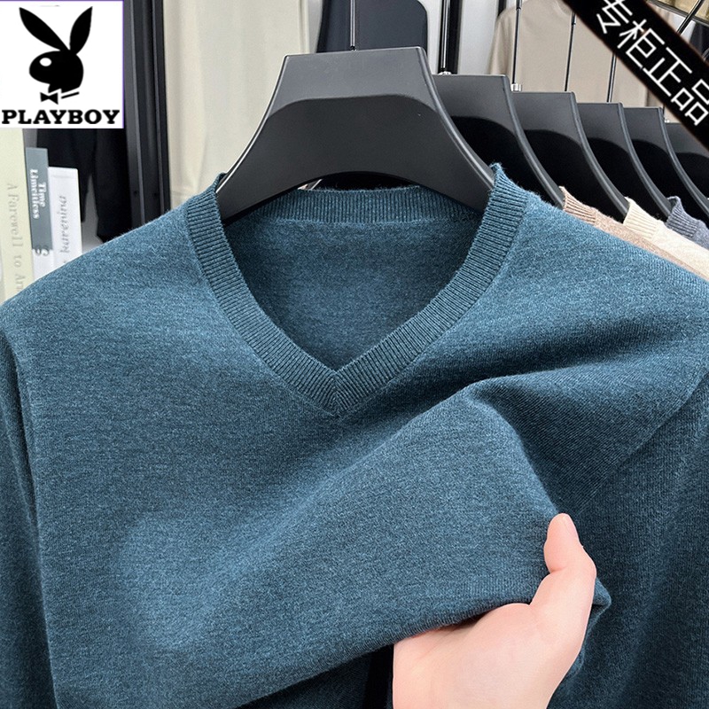 花花公子薄款羊毛衫男士中年V领针织衫春秋鸡心领毛衣爸爸打底衫