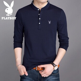 春季 纯棉内搭打底衫 简约宽松立领衣服男体恤 t恤男士 花花公子长袖
