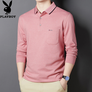 T恤真口袋有领宽松polo衫 长袖 纯棉上衣中年男士 花花公子爸爸春装