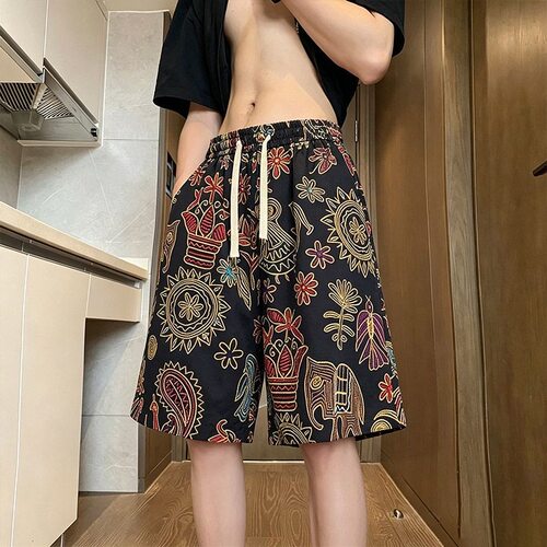 韩版沙滩裤夏季薄款透气数码印男装短裤薄款宽松显瘦女士五分裤潮
