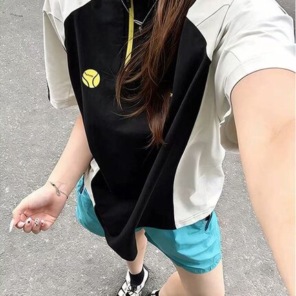 2026新款拉链速干短袖T恤拼接休闲夏季运动男女潮流百搭宽松上衣