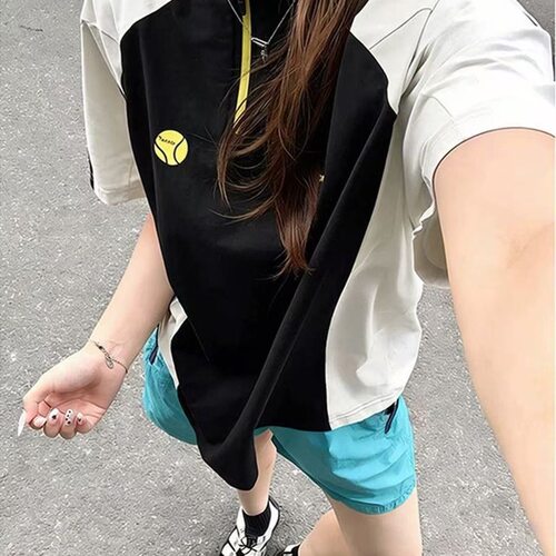 2026新款拉链速干短袖T恤拼接休闲夏季运动男女潮流百搭宽松上衣