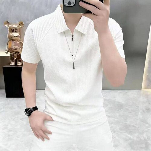 半拉链polo衫男士短袖夏季感休闲痞帅泡泡纱薄款翻领t恤时尚