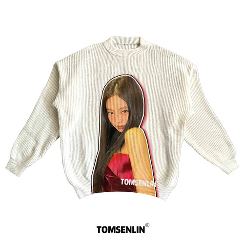 tomsenlin-金珍妮jennie封面人像康丽印花慵懒休闲毛衣