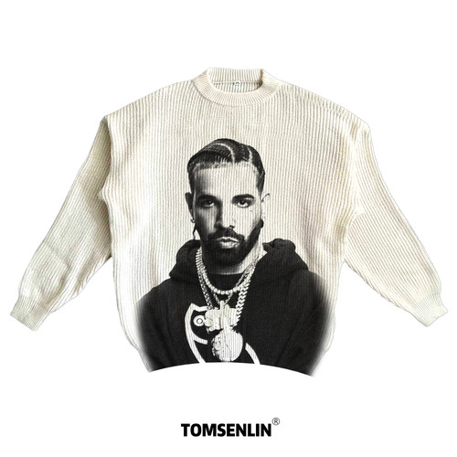 tomsenlin-Drake人像复古美式康丽印花慵懒休闲毛衣