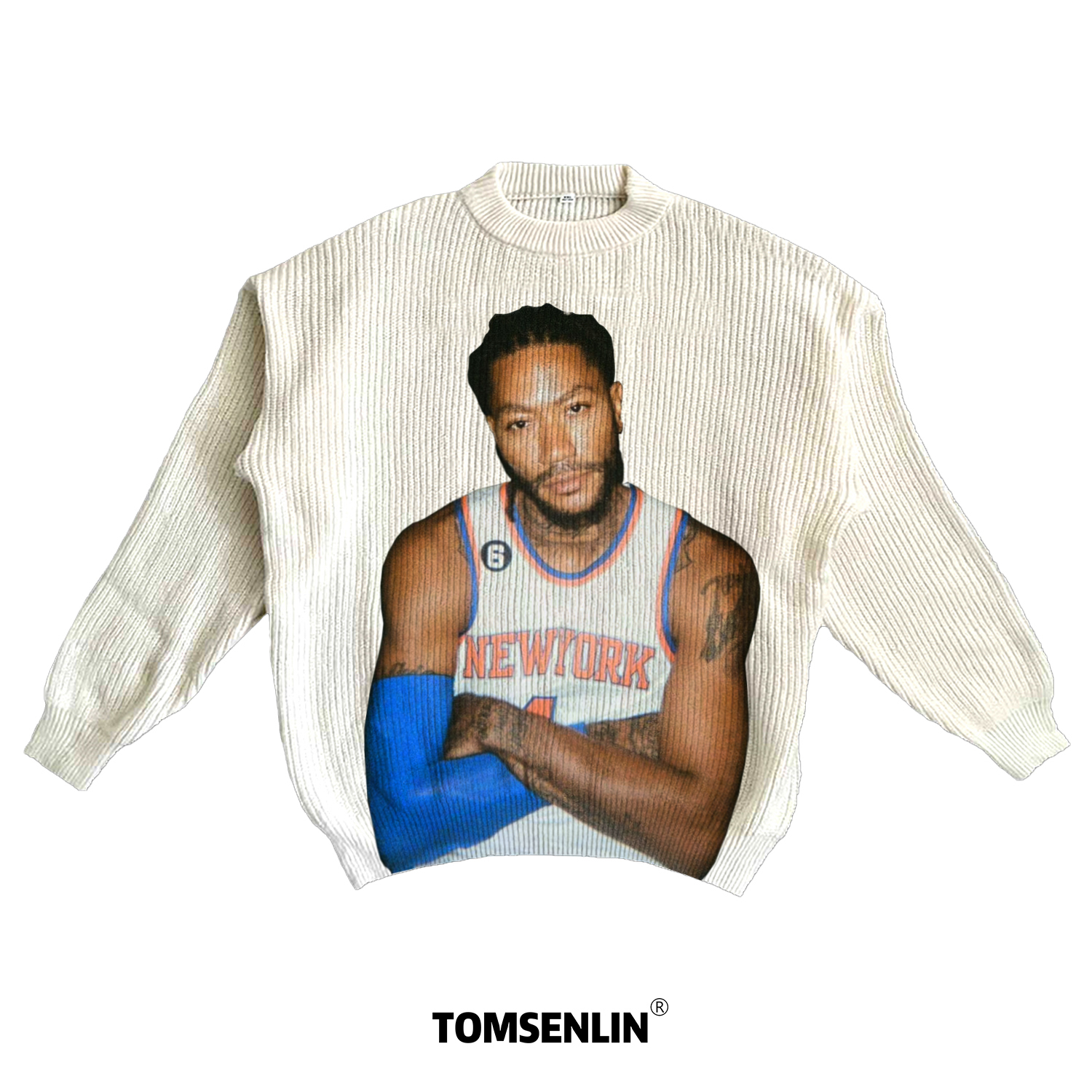 tomsenlin纽约尼克斯德里克罗斯美式康丽印花慵懒休闲毛衣