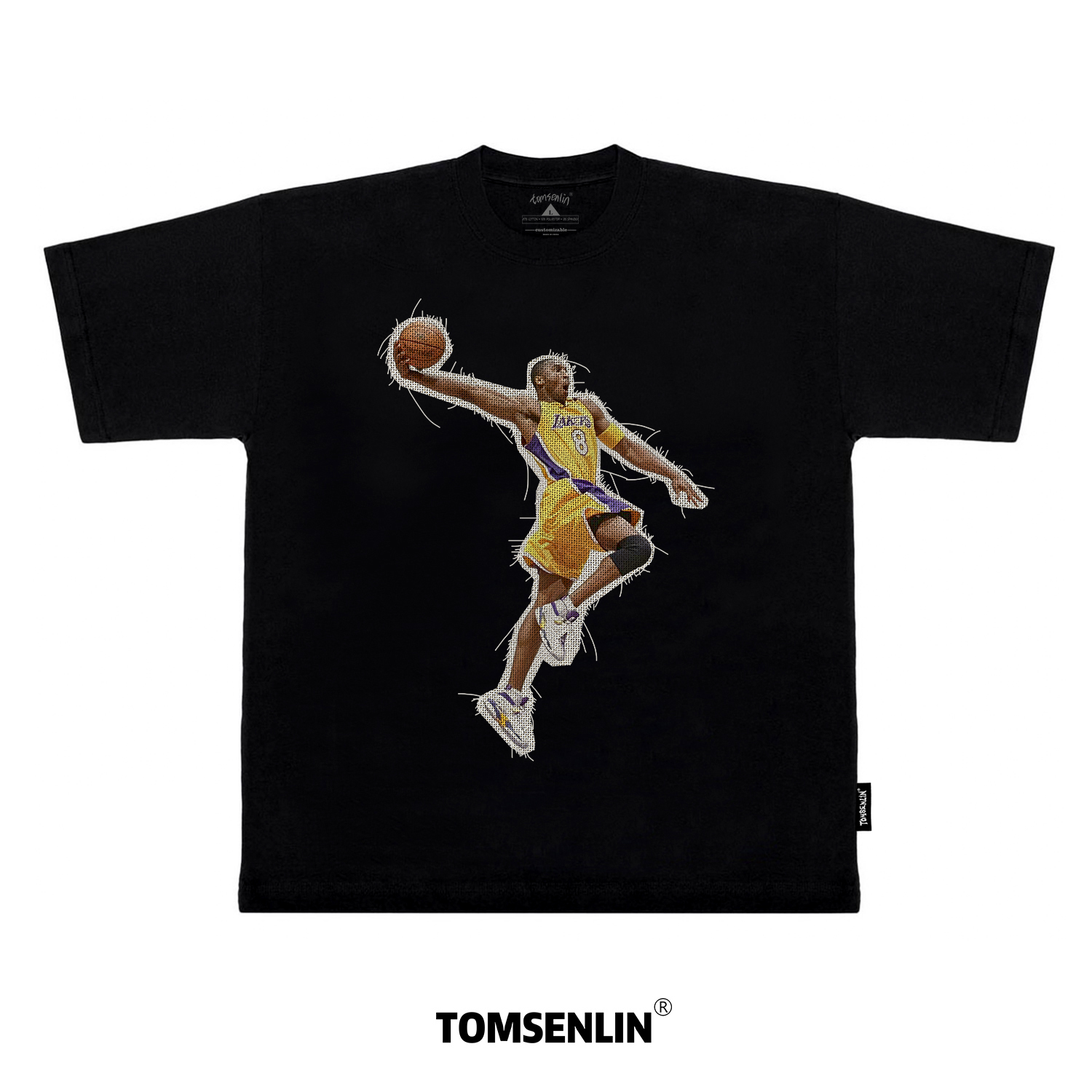 tomsenlin科比扣篮动作复古线毯手工贴布remake黑白短袖