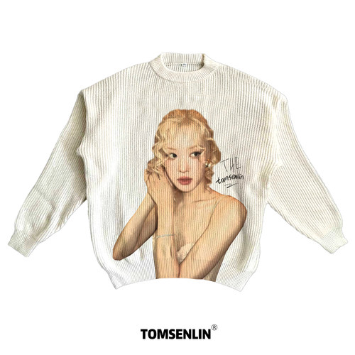 tomsenlin-BLACKPINK-朴彩英人像美式康丽印花慵懒休闲毛衣