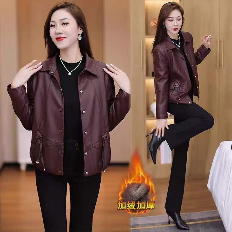 加绒加厚短款皮衣外套女