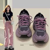 女款 增高鞋 2025新款 皮面厚底老爹鞋 紫色运动鞋 爆款 秋季 轻便松糕鞋