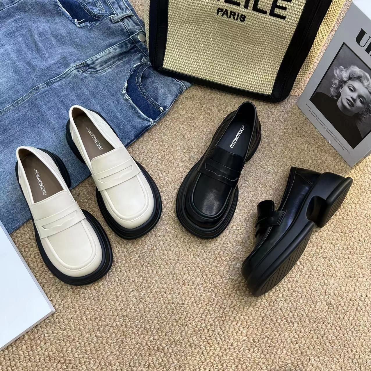 2025春秋季法式玛丽珍jk小皮鞋女一脚蹬松糕厚底乐福黑色英伦风鞋