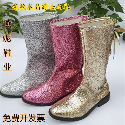 新款金色水晶亮片爵士马靴银色爵士现代舞蹈鞋玫红色水晶片演出靴