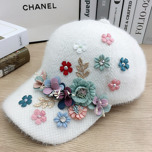帽子女韩版秋冬天加厚保暖花朵棒球帽女镶钻水钻鸭舌帽百搭毛绒帽