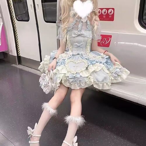 芙蝶之心Lolita裙子甜系jsk挂脖连衣裙小个子轻lo裙花边蓬蓬裙