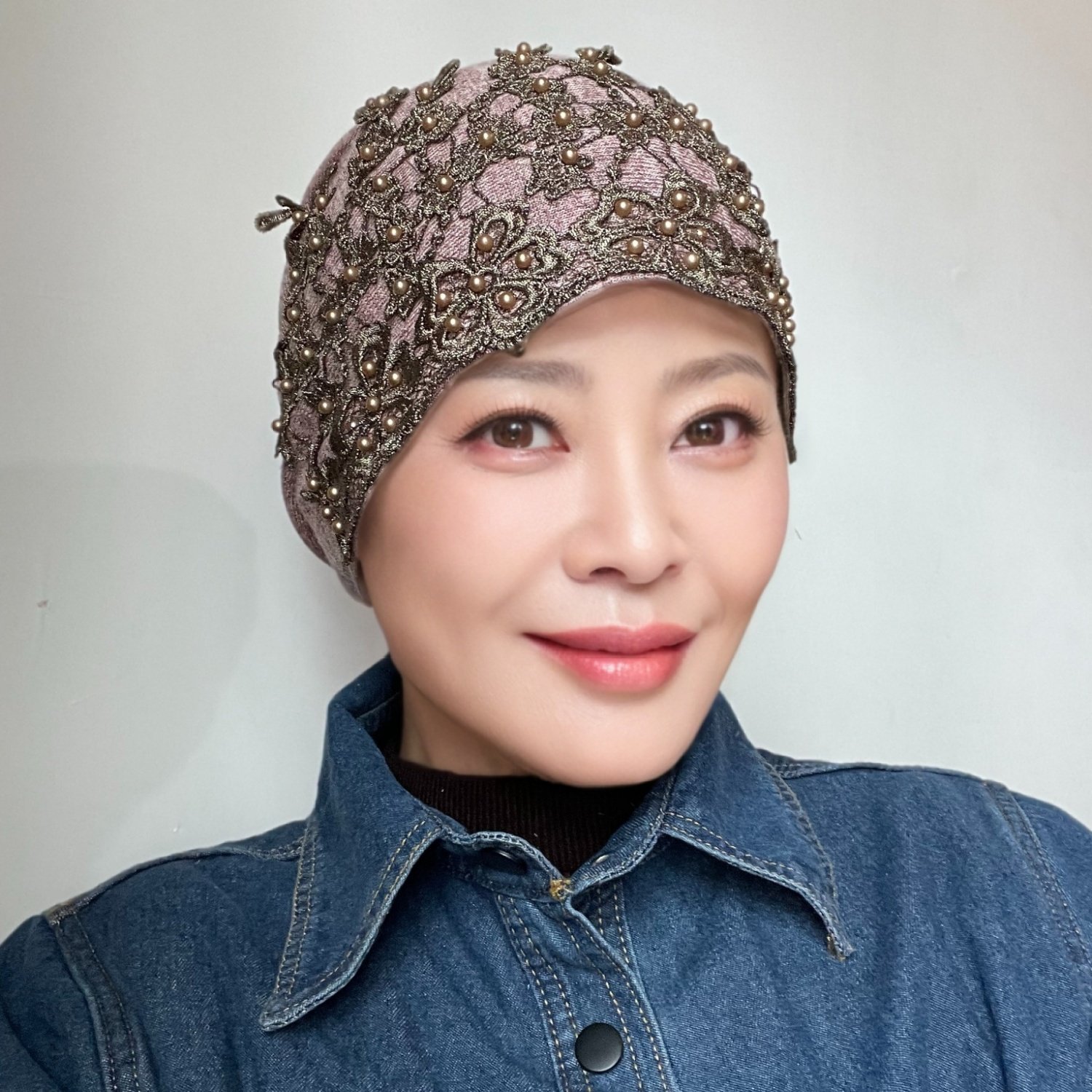 秋冬新款彩棉羊绒包头帽遮白发女士头饰帽子加厚保暖防风头巾帽