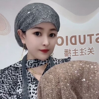 闪亮网纱头巾帽显瘦百搭包头帽洋气新款夏季飘带帽时尚百搭妈妈帽