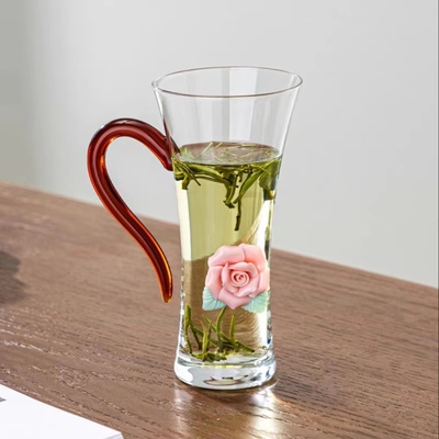 玻璃茶杯带把加厚耐高温家用绿茶杯子简约高颜值200ml(颜色随机)