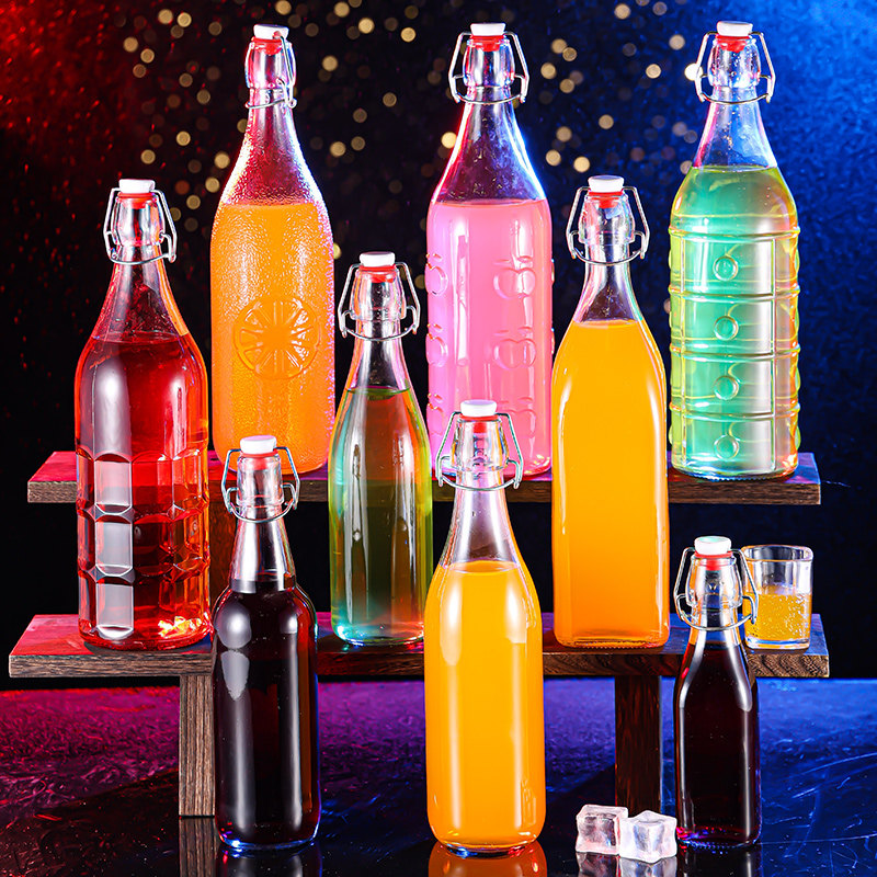 1000ml 2斤装创意玻璃卡扣酒瓶饮料瓶牛奶瓶水瓶空瓶带盖密封防滑