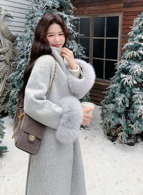 现货主推新款过年款立领长款配狐狸毛双面呢大衣p355-k538