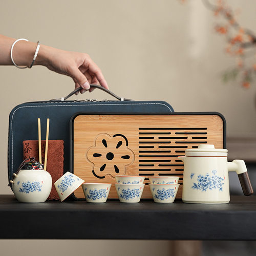 轻奢旅行茶具黄汝窑富贵牡丹套装功夫茶壶快客杯节日送礼开业