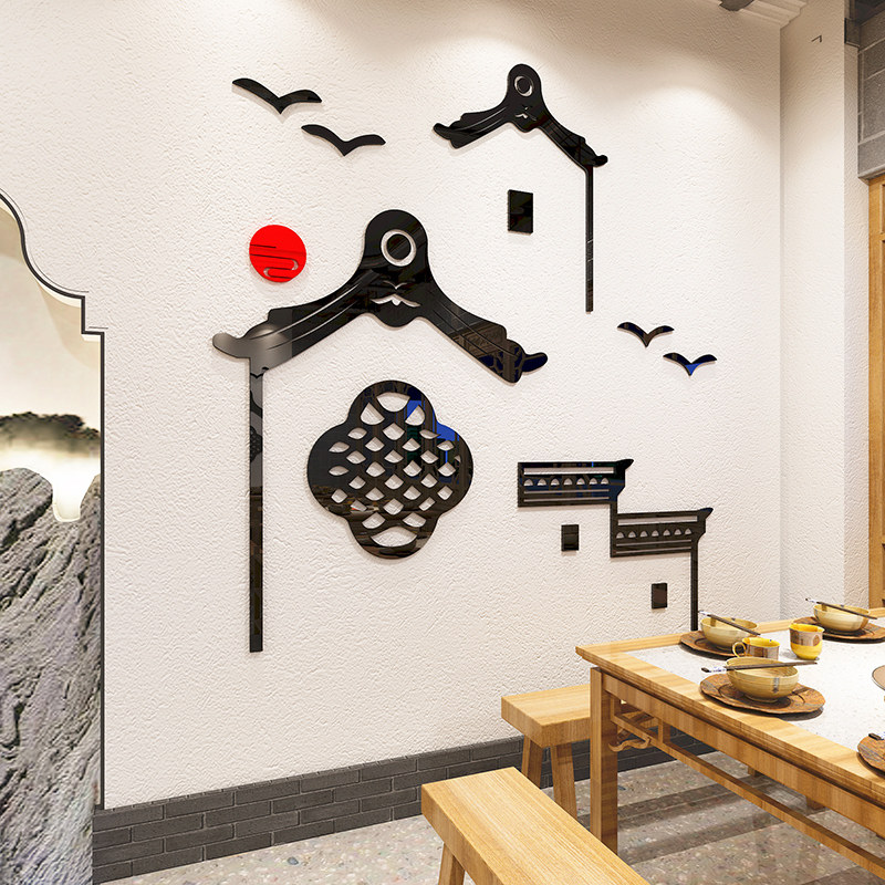古典徽派屋檐建筑墙纸中餐馆装饰火锅饭店背景墙壁画