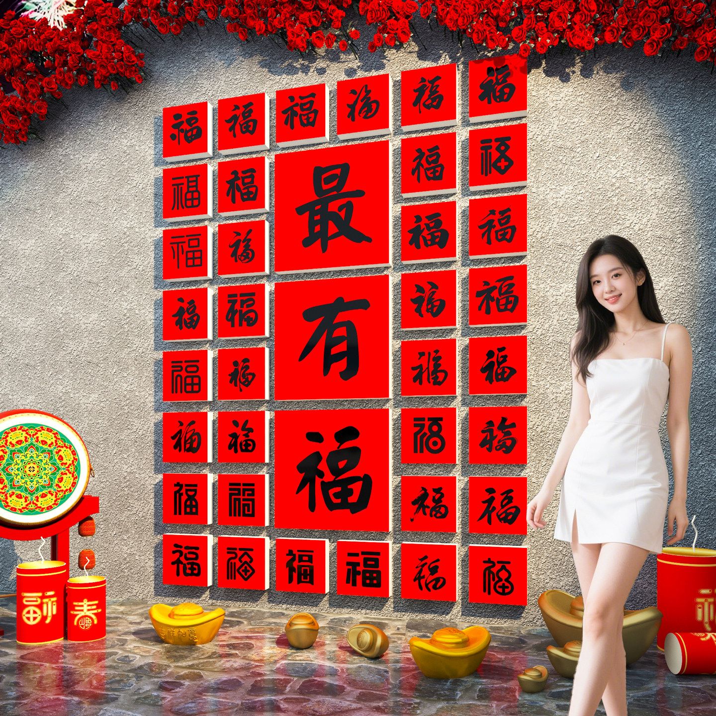 2026新年装饰品网红打卡互动拍照区布置百福图背景墙春节氛围贴纸,家居饰品,文化墙贴,淘宝优惠券,粉丝福利购,淘宝优惠卷