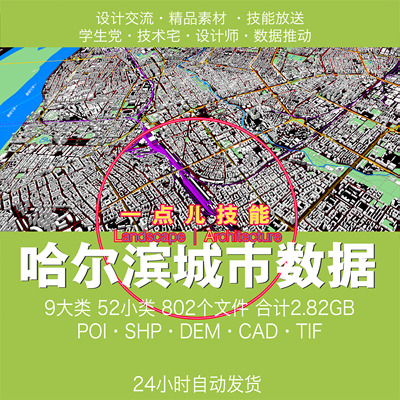 哈尔滨城市GIS数据SHP矢量建筑用地路网水系绿地行政区POI DEM