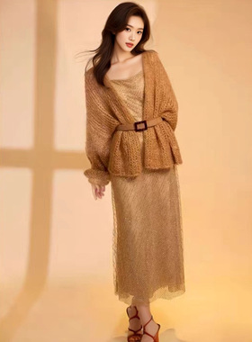 毛晓彤同款亚马逊棕色灯笼袖针织开衫外套女秋冬慵懒时髦毛衣上衣