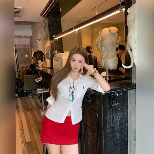 RL~正确原2026新款韩系百搭设计小马刺绣亚麻中袖衬衫+短裤套装