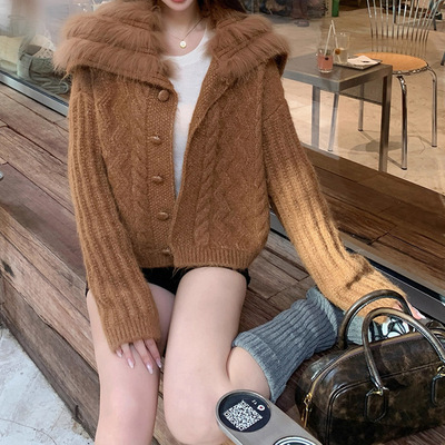 韩女千金 大翻领毛衣针织衫女海军领短款外套25新带毛毛领上衣 潮