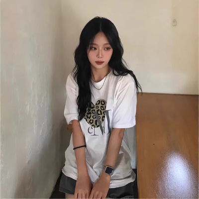 韩国小众潮牌mucent豹纹爱心字母印花短袖宽松纯棉百搭高级感T恤