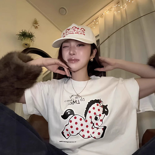 韩国小众潮牌LMC马年新年限定可爱波点小马字母印花圆领短袖T恤