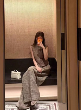 韩系穿搭老钱风通勤百搭时尚亚麻背心上衣气质休闲阔腿长裤套装女