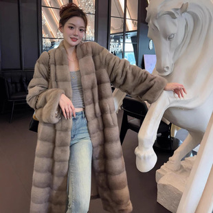 2025秋冬新款V领网红横排长款仿水貂绒毛环保皮草毛毛外套大衣女
