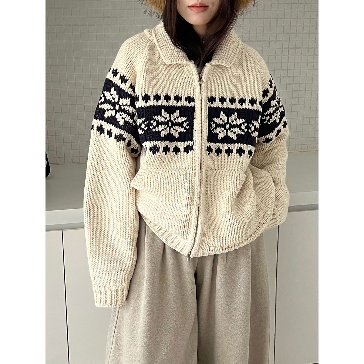 韩系费尔岛翻领双拉链撞色针织开衫女冬季慵懒粗线毛衣ss942