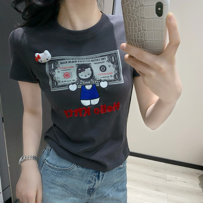 美式复古美元Kitty猫刺绣短袖女夏季辣妹修身显瘦短款上衣