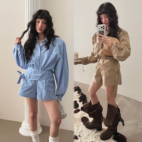 套装女设计感小众不规则条纹长袖休闲衬衫上衣高腰阔腿短裤两件套