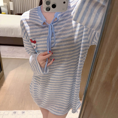 前后两穿条纹kitty猫印花长袖T恤女甜美可爱宽松显瘦防晒上衣