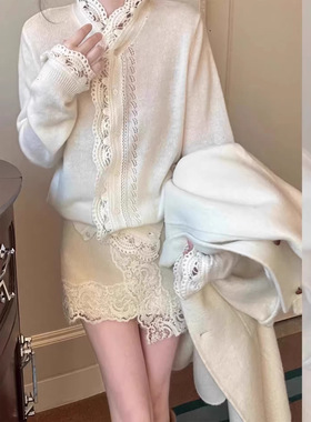 韩系穿搭套装女秋冬季小香风气质白色蕾丝针织开衫毛衣半身短裙子