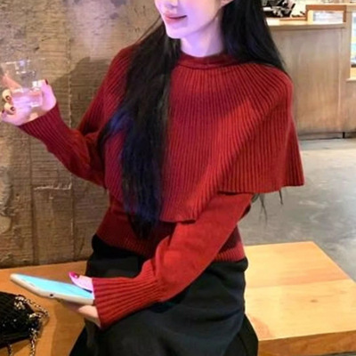 法式红色斗篷假两件套头针织衫2025秋冬新款设计感毛衣内搭