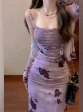 新中式秋款法式复古紫色水墨吊带裙两件套感气质修身连衣裙子