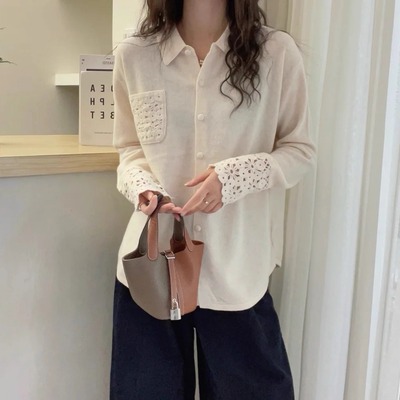 重工钩花镂空翻领长袖针织开衫女